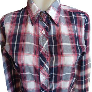 Vintage Small Womens Blouse 1980's Button-Up Long Sleeve Plaid Shirt Top